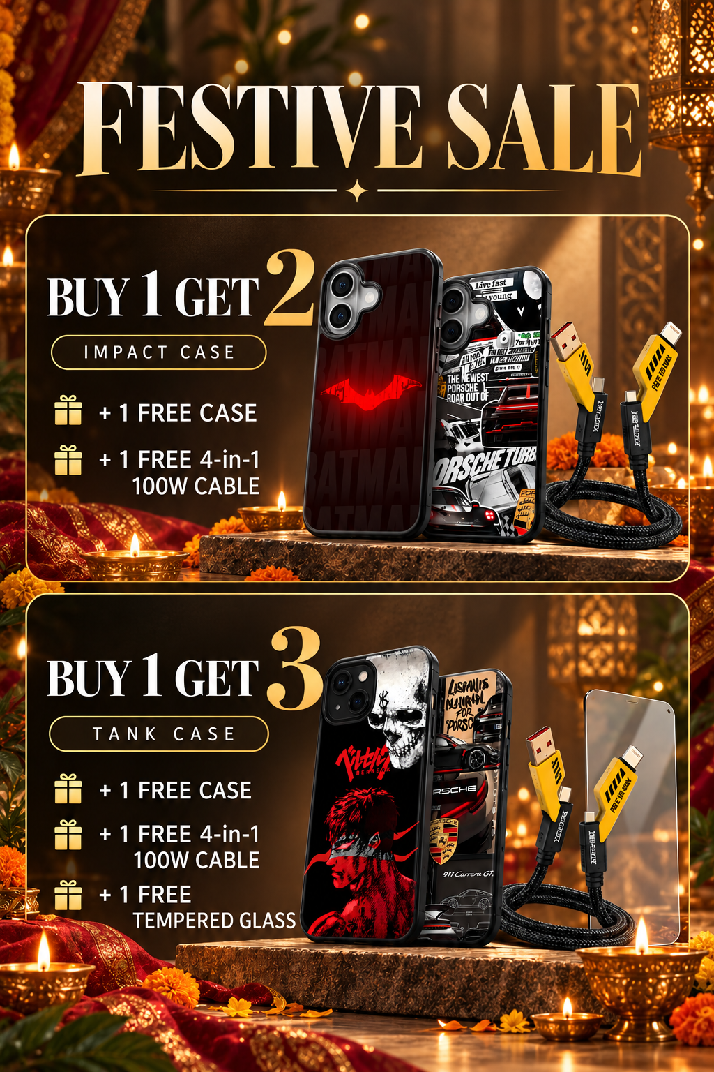 Festive Sale: Buy 1 Get 2 on Impact Cases, Buy 1 Get 3 on Tank Cases - Impact Case: buy 1, get 1 more case + a 4-in-1 100W cable free. Tank Case: buy 1, get 1 more case + a 4-in-1 100W cable + tempered glass free. Add 2 cases to cart and the free gifts are added automatically.